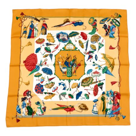 Hermes Silk Scarf Carre 90 "Ombrelles et Parapluies" Orange Silk Scarf