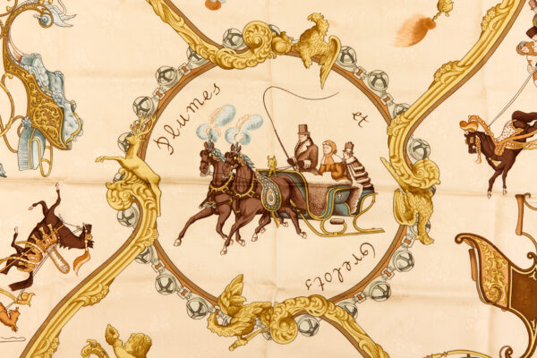 Hermes Silk Scarf Carre 90 "PLUMES ET GRELOTS" Brown Silk Scarf - Image 4