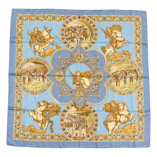 Hermes Silk Scarf Carre 90 "LE TRIOMPHE DU PALADIN" Blue Silk Scarf