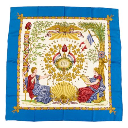 Hermes Silk Scarf Carre 90 "LIBERTE EGALITE FRATERNITE REPUBLIQUE FRANCAISE" Blue Silk Scarf