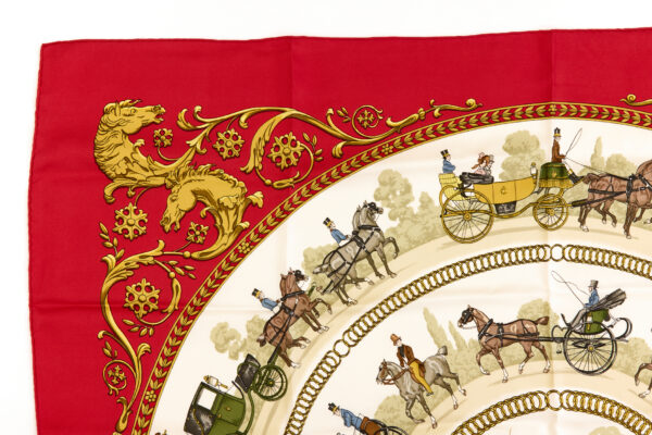 Hermes Silk Scarf Carre 90 "LA PROMENADE DE LONGCHAMPS" Red Silk Scarf - Image 2