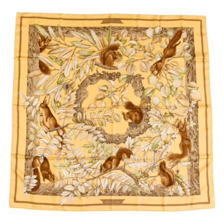 Hermes Silk Scarf Carre 90 "Casse Noisette Squirrel" Yellow Silk Scarf