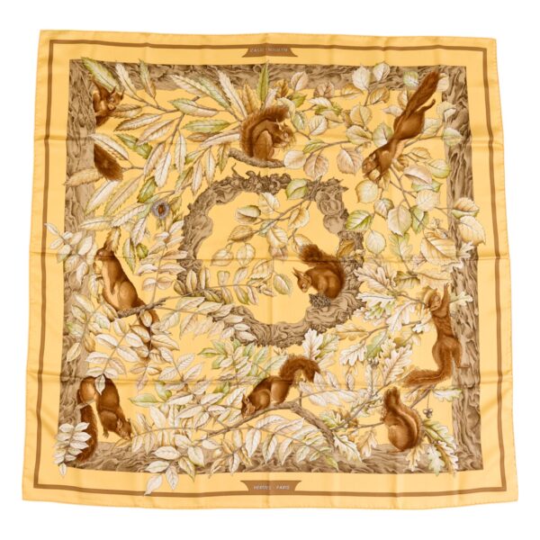 Hermes Silk Scarf Carre 90 "Casse Noisette Squirrel" Yellow Silk Scarf
