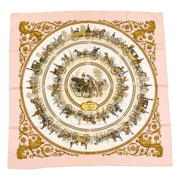 Hermes Silk Scarf Carre 90 "LA PROMENADE DE LONGCHAMPS" Blue Silk Scarf