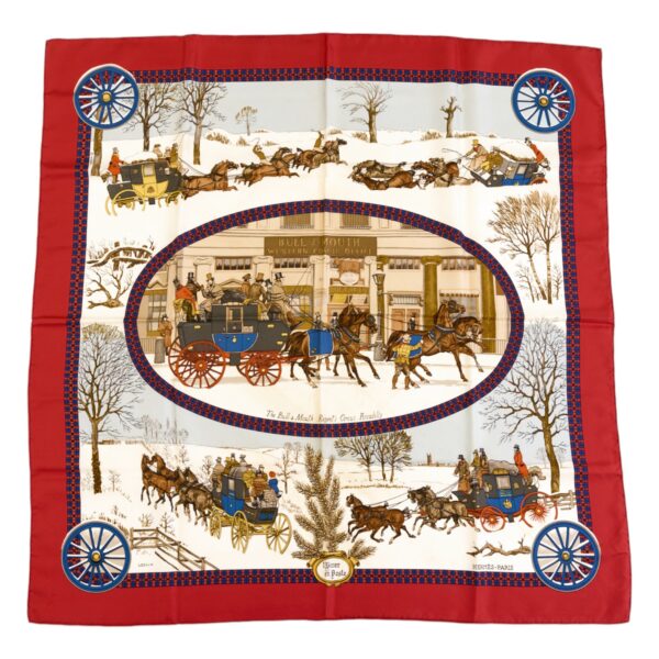 Hermes Silk Scarf Carre 90 "The Bull & Mouth Regent's Circus Piccadilly" Red Silk Scarf