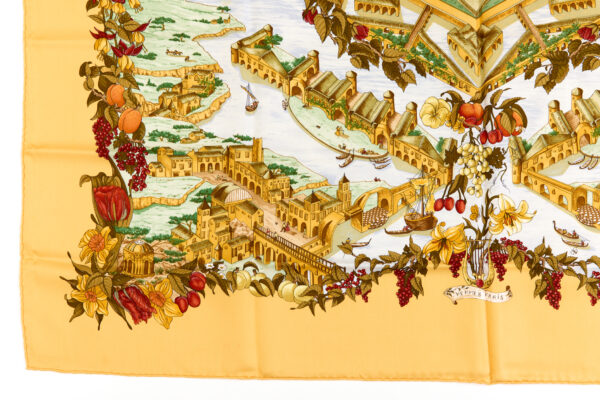 Hermes Silk Scarf Carre 90 "AU PAYS DE COCAGNE" Yellow Silk Scarf - Image 5