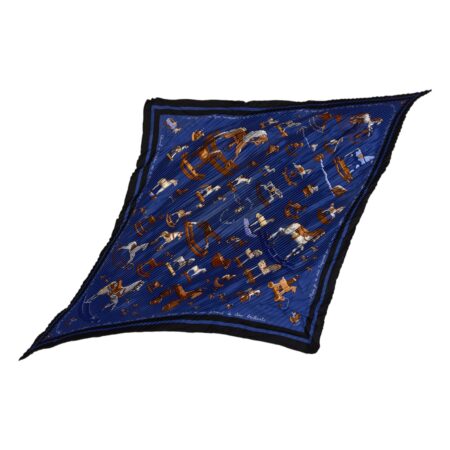 Hermes Silk Scarf Carre 90 "Raconte moi le Cheval" Blue Silk Pleats Scarf