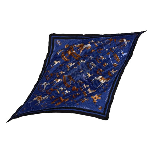 Hermes Silk Scarf Carre 90 "Raconte moi le Cheval" Blue Silk Pleats Scarf