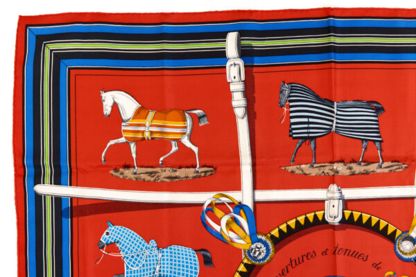 Hermes Silk Scarf Carre 90 "Couvertures et Tenues de Jour" Red Silk Scarf - Image 2