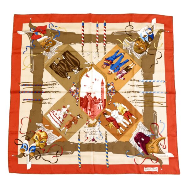 Hermes Silk Scarf Carre 90 "Le Carnaval de Venise" Red Orange Silk Scarf