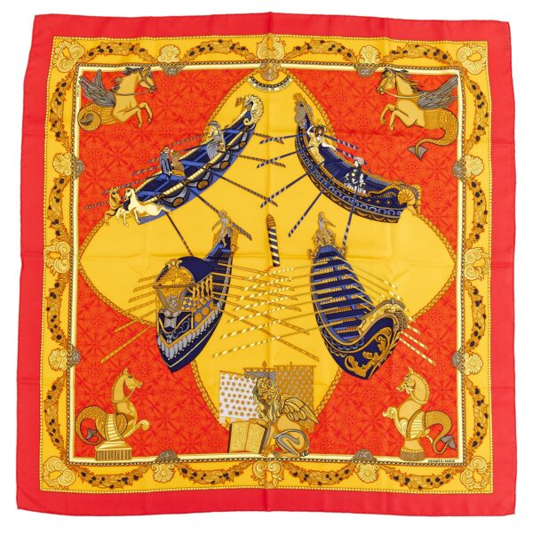Hermes Silk Scarf Carre 90 "Les Bissone de Venise" Blue Silk Scarf