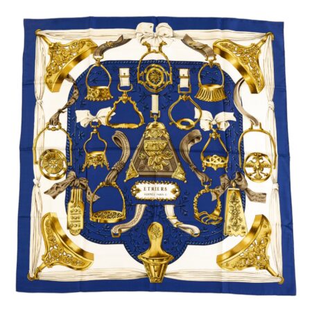 Hermes Silk Scarf Carre 90 "ETRIERS" Blue Silk Scarf