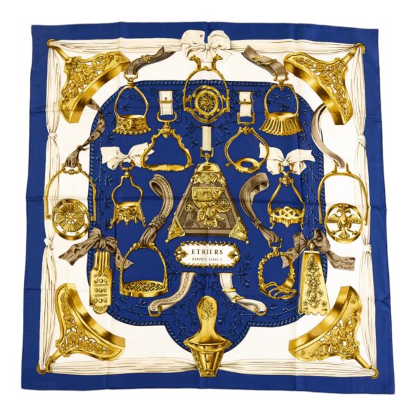 Hermes Silk Scarf Carre 90 "ETRIERS" Blue Silk Scarf