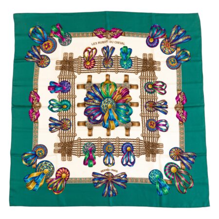 Hermes Silk Scarf Carre 90 "Les Rubans du Cheval" Green Silk Scarf