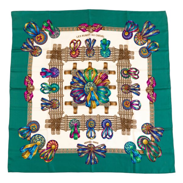 Hermes Silk Scarf Carre 90 "Les Rubans du Cheval" Green Silk Scarf