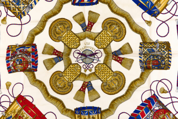 Hermes Silk Scarf Carre 90 "LES TAMBOURS" Blue Silk Scarf - Image 4