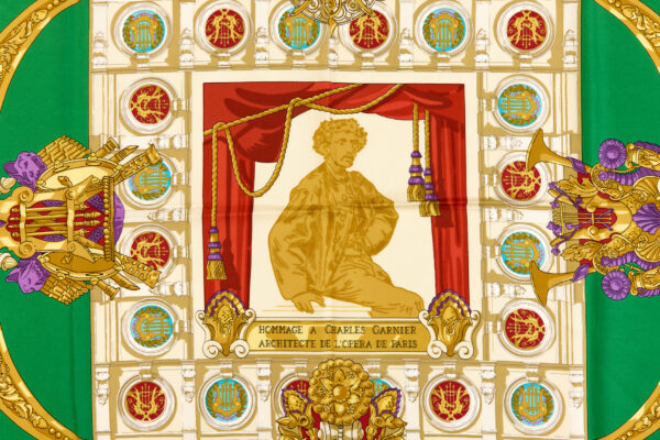 Hermes Silk Scarf Carre 90 "HOMMAGE A CHARLES GARNIER" Green Silk Scarf - Image 4