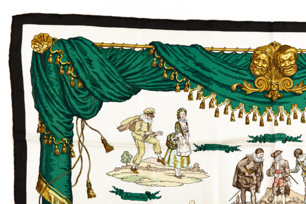 Hermes Silk Scarf Carre 90 "LA COMEDIE ITALIENNE" Green Silk Scarf - Image 2