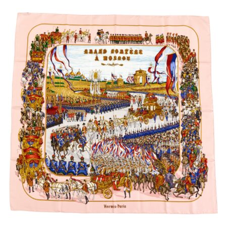 Rare! Hermes Silk Scarf Carre 90 "GRAND CORTEGE A MOSCOU" Pink Silk Scarf