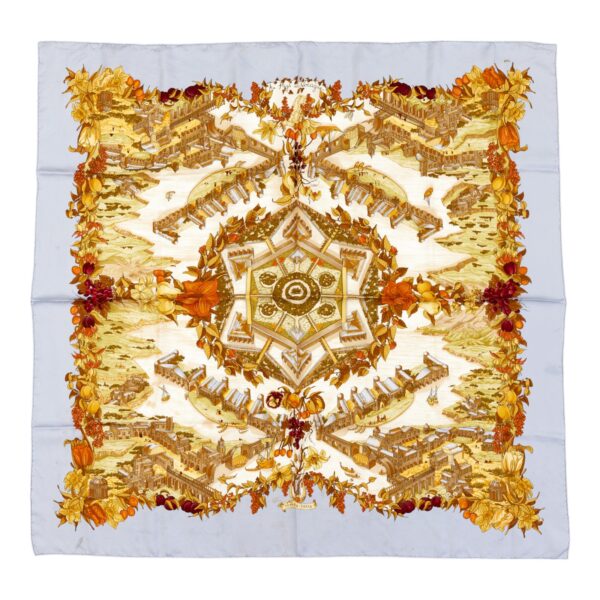 Hermes Silk Scarf Carre 90 "AU PAYS DE COCAGNE" Blue Silk Scarf
