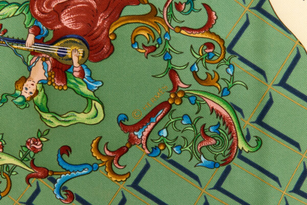 Bad! Hermes Silk Scarf Carre 90 "Wolfgang Amadeus Mozart" Green Silk Scarf - Image 7