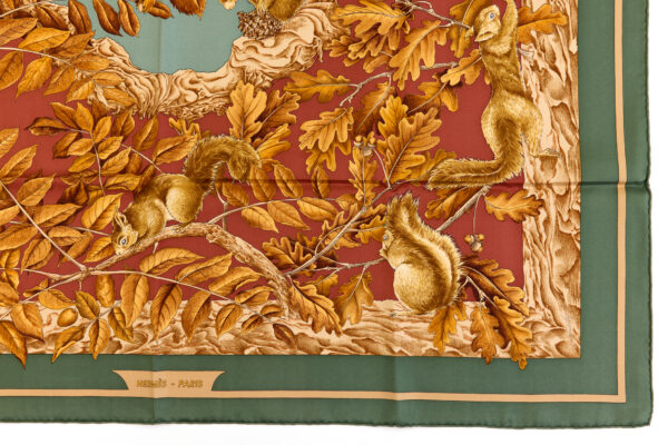 Hermes Silk Scarf Carre 90 "Casse Noisette Squirrel" Green Silk Scarf - Image 6