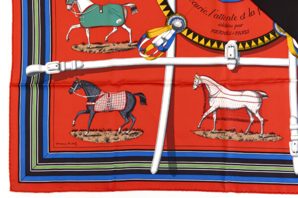 Hermes Silk Scarf Carre 90 "Couvertures et Tenues de Jour" Red Silk Scarf - Image 5