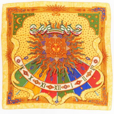 Hermes Scarf 90 "CARPE DIEM" Yellow 100% Silk Scarf 35"