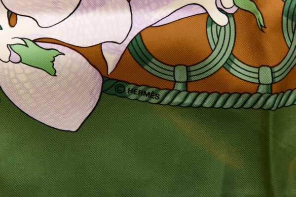 Bad! Hermes Silk Scarf Carre 90 "Souvenirs d'Asie" Green Silk Scarf (B-C) - Image 7