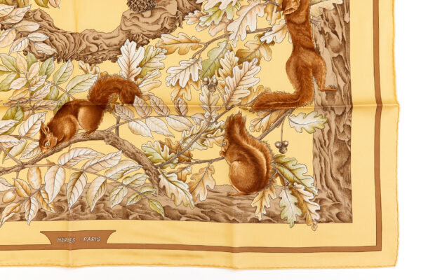 Hermes Silk Scarf Carre 90 "Casse Noisette Squirrel" Yellow Silk Scarf - Image 6