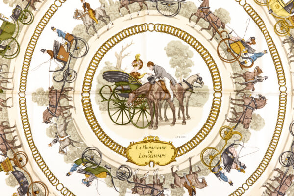 Hermes Silk Scarf Carre 90 "LA PROMENADE DE LONGCHAMPS" Blue Silk Scarf - Image 4