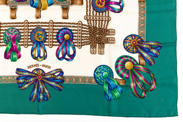 Hermes Silk Scarf Carre 90 "Les Rubans du Cheval" Green Silk Scarf - Image 6