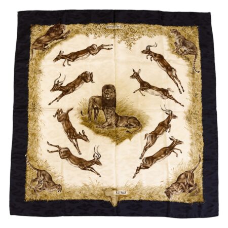 Hermes Silk Scarf Carre 90 "Kenya" Black Silk Scarf