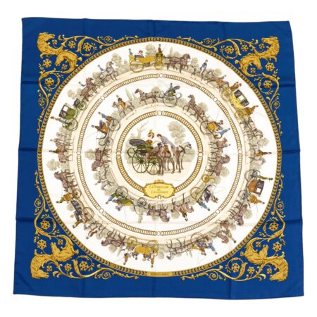 Hermes Silk Scarf Carre 90 "LA PROMENADE DE LONGCHAMPS" Blue Silk Scarf
