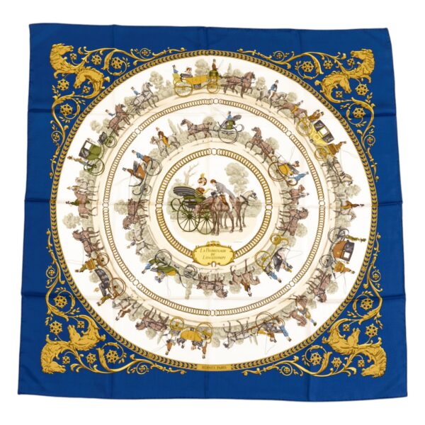 Hermes Silk Scarf Carre 90 "LA PROMENADE DE LONGCHAMPS" Blue Silk Scarf