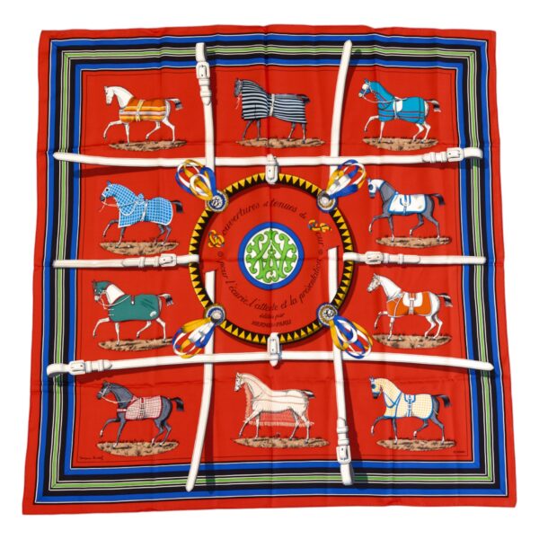 Hermes Silk Scarf Carre 90 "Couvertures et Tenues de Jour" Red Silk Scarf