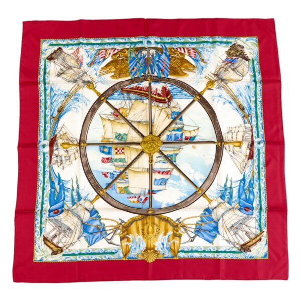 Hermes Silk Scarf Carre 90 "Vive le Vent" Red Silk Scarf