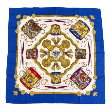 Hermes Silk Scarf Carre 90 "LES TAMBOURS" Blue Silk Scarf