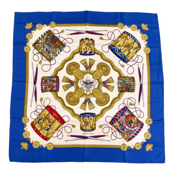 Hermes Silk Scarf Carre 90 "LES TAMBOURS" Blue Silk Scarf