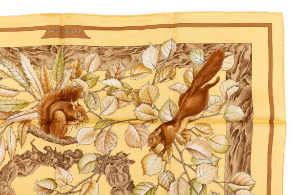 Hermes Silk Scarf Carre 90 "Casse Noisette Squirrel" Yellow Silk Scarf - Image 3