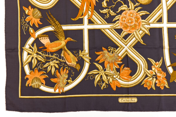 Hermes Silk Scarf Carre 90 "CARAIBES" Black Grey Silk Scarf - Image 5