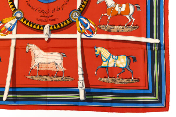 Hermes Silk Scarf Carre 90 "Couvertures et Tenues de Jour" Red Silk Scarf - Image 6
