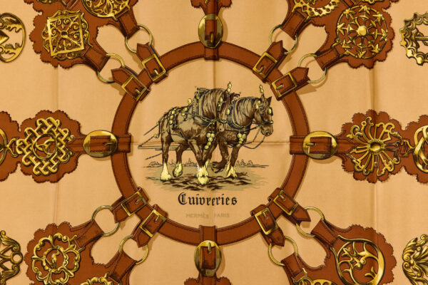 Hermes Silk Scarf Carre 90 "Cuivreries" Brown Silk Scarf - Image 4