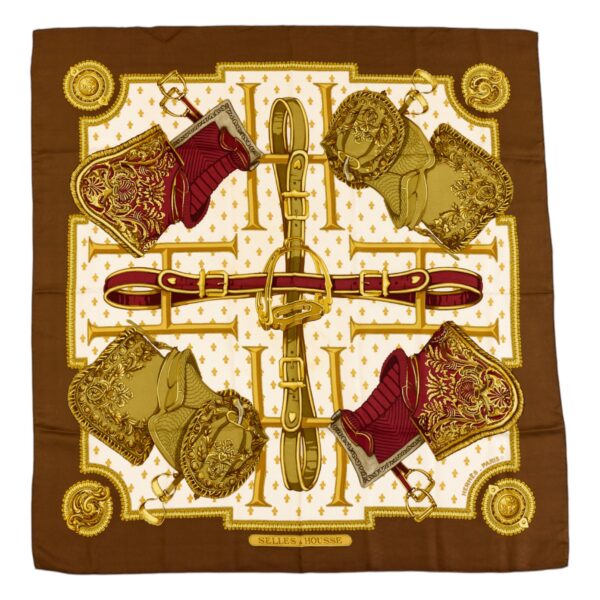 Hermes Silk Scarf Carre 90 "SELLES A HOUSSE" Brown Silk Scarf