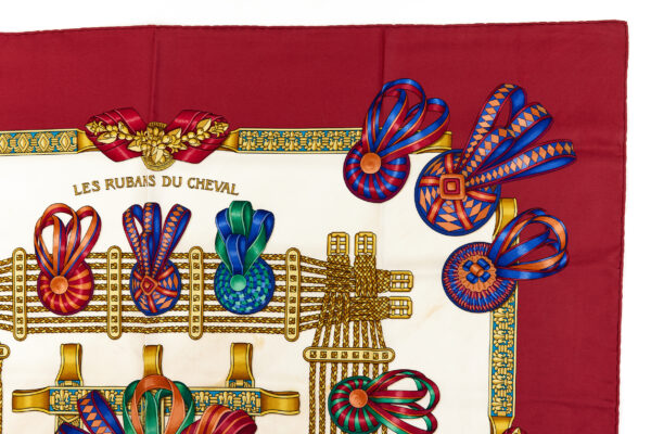 Hermes Silk Scarf Carre 90 "Les Rubans du Cheval" Red Silk Scarf - Image 3