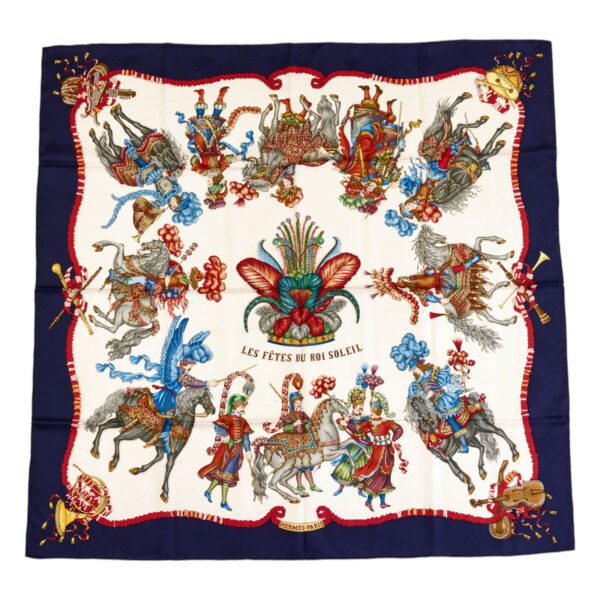 Hermes Silk Scarf Carre 90 "Les Fetes du Roi Soleil" Blue Silk Scarf