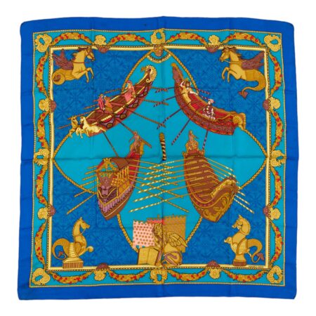 Hermes Silk Scarf Carre 90 "Les Bissone de Venise" Blue Silk Scarf