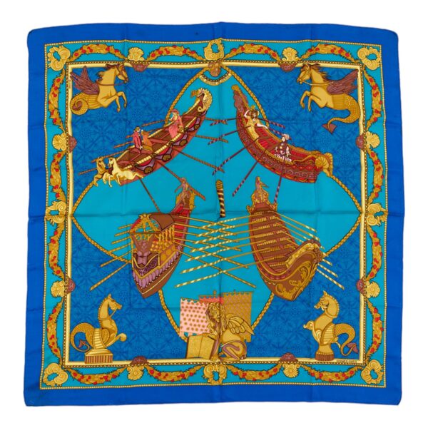 Hermes Silk Scarf Carre 90 "Les Bissone de Venise" Blue Silk Scarf