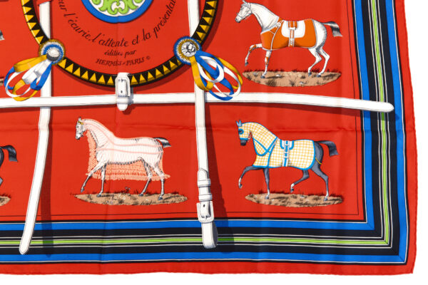 Hermes Silk Scarf Carre 90 "Couvertures et Tenues de Jour" Red Silk Scarf - Image 6