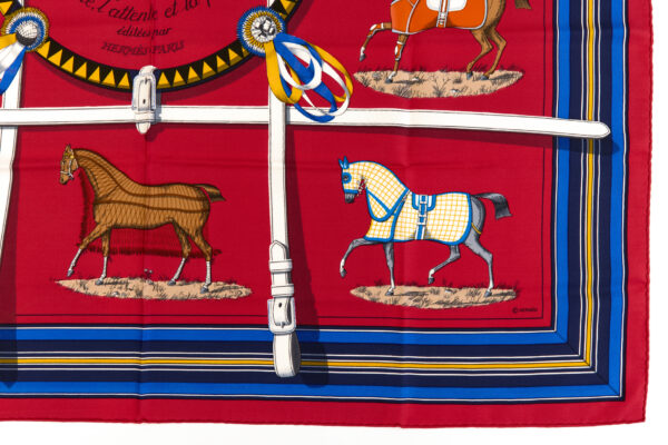 Hermes Silk Scarf Carre 90 "Couvertures et Tenues de Jour" Red Silk Scarf - Image 6